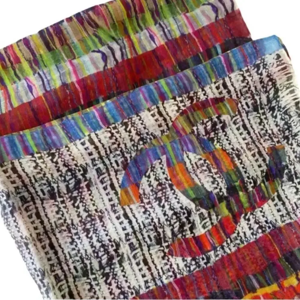 Auth Chanel Multicolor Cashmere Modal Silk Blend Striped Wrap Shawl Stole Scarf